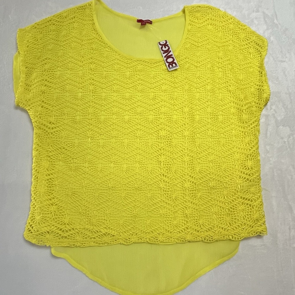 Bongo Top Blouse Juniors 1X MEDIUM Neon Yellow Crochet Lace Front Sheer Back NEW